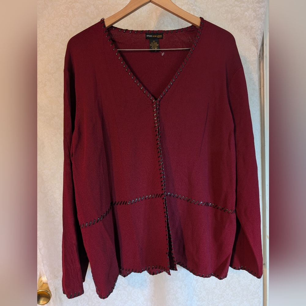 Grace Dane‎ Lewis Burgundy Cardigan 3X with Braided Detail